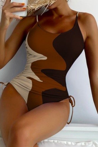 Coffee Sexy Print Draw String Frenulum Backless Swimwears (With Paddings)