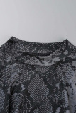 Black Sexy Print Patchwork See-through O Neck Long Sleeve Two Pieces