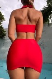Red Sexy Solid Draw String Frenulum Backless Three Piece Sets (With Paddings)