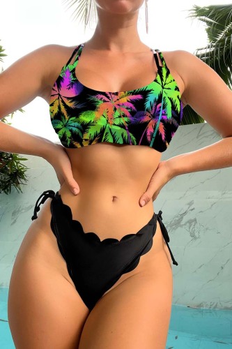 Black Green Sexy Print Bandage Backless Swimwears (With Paddings)
