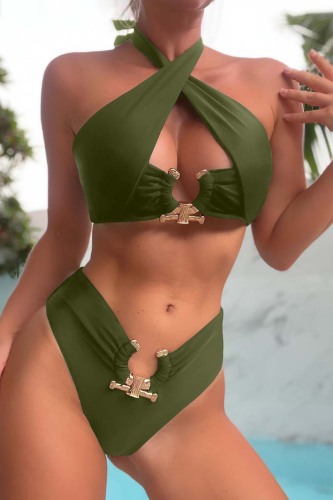 Army Green Sexy Solid Bandage Patchwork Backless Swimwears