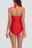 Rose Red Sexy Solid Patchwork Fold Swimwears