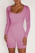 Pink Casual Solid Basic U Neck Long Sleeve Skinny Romper