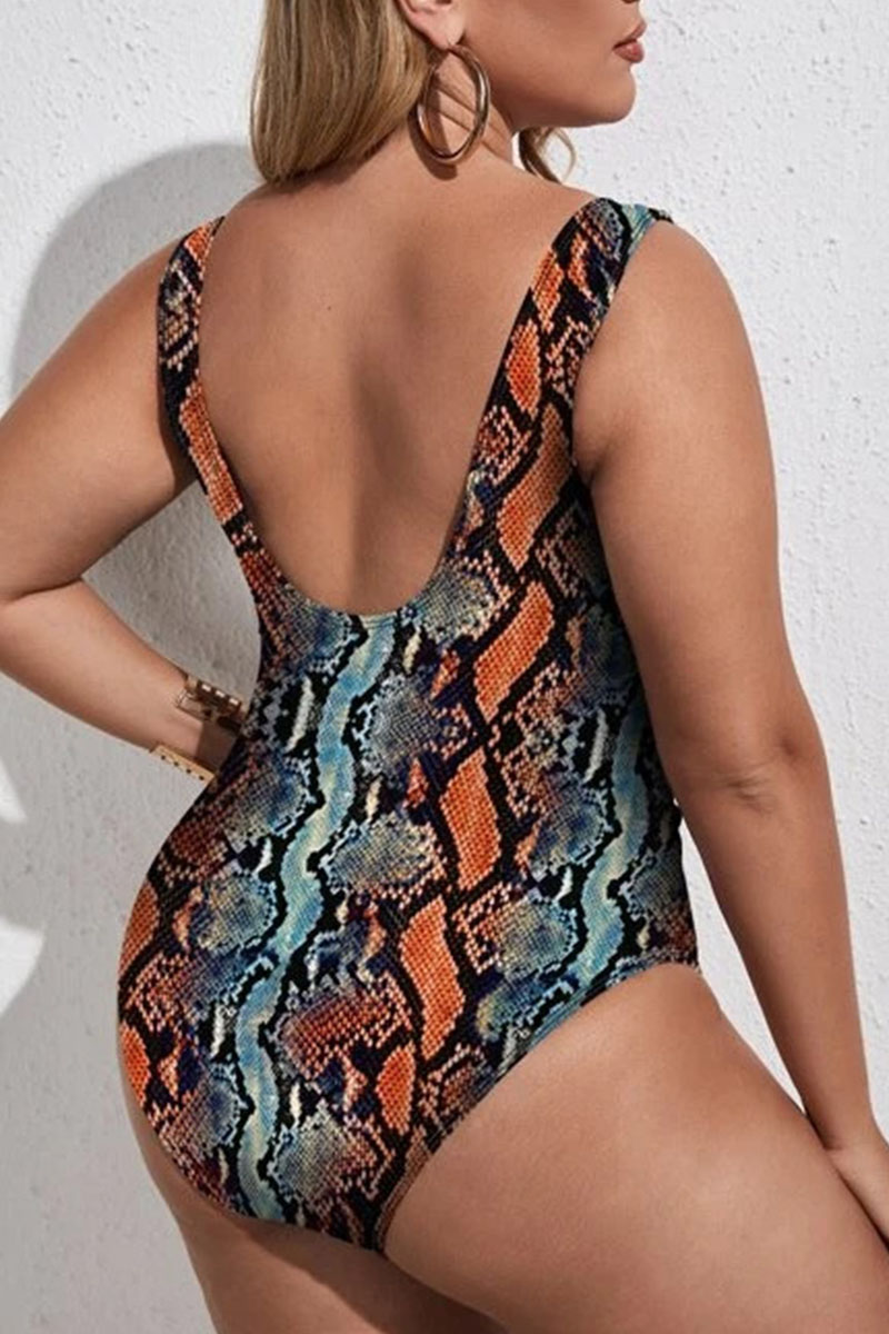 Wholesale Blue Orange Sexy Print Bandage Hollowed Out Patchwork Plus Size Swimwear K67906 5 Online