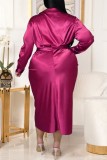 Rose Red Fashion Casual Solid With Belt Turndown Collar Long Sleeve Plus Size Dresses