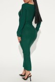 Ink Green Casual Solid Patchwork Square Collar Long Sleeve Dresses