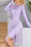 Purple Sexy Casual Solid Tassel Patchwork O Neck Long Sleeve Dresses