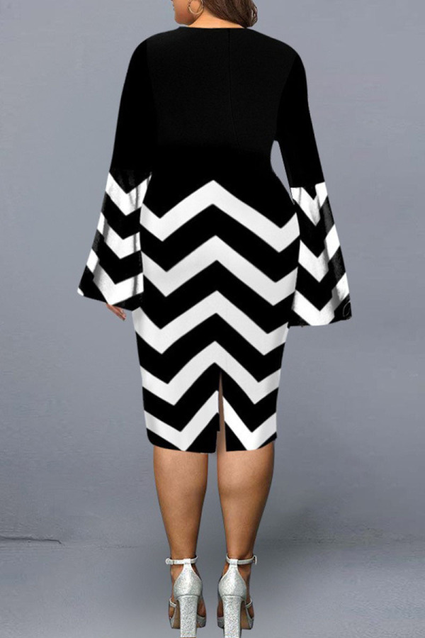 Work Elegant Print Patchwork V Neck One Step Skirt Dresses