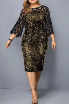 Black Gold Elegant Solid Sequins Patchwork O Neck Straight Plus Size Dresses