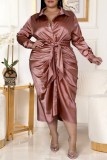 Rose Gold Fashion Casual Solid With Belt Turndown Collar Long Sleeve Plus Size Dresses
