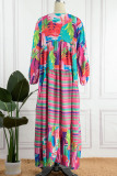 Multicolor Casual Print Patchwork V Neck Long Sleeve Dresses