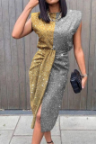 Glitter Gold Elegant Print Printing O Neck A Line Dresses
