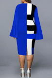 Blue Elegant Print Patchwork V Neck One Step Skirt Plus Size Dresses