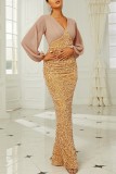 Yellow Sexy Formal Patchwork Sequins V Neck Long Sleeve Dresses