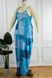 Blue Sexy Casual Print Backless Spaghetti Strap Long Dress Plus Size Dresses