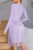 Purple Sexy Casual Solid Tassel Patchwork O Neck Long Sleeve Dresses