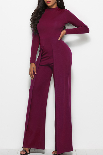 Burgundy Fashion Casual Solid Basic Regular Jumpsuits