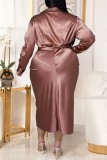 Rose Red Fashion Casual Solid With Belt Turndown Collar Long Sleeve Plus Size Dresses