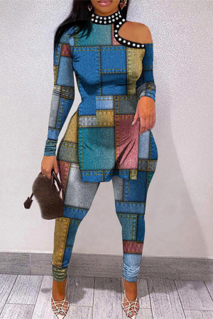 The cowboy blue Sexy Casual Print Hollowed Out Slit Printing Half A Turtleneck Long Sleeve Two Pieces