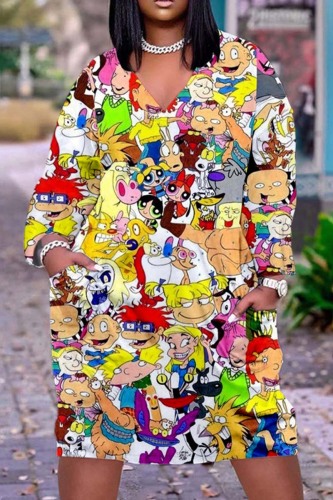 Light Yellow Casual Cartoon Print Basic V Neck Long Sleeve Dresses
