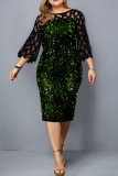 Green Elegant Solid Sequins Patchwork O Neck Straight Plus Size Dresses