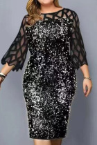 Black Silver Elegant Solid Sequins Patchwork O Neck Straight Plus Size Dresses