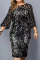 Black Elegant Solid Sequins Patchwork O Neck Straight Plus Size Dresses