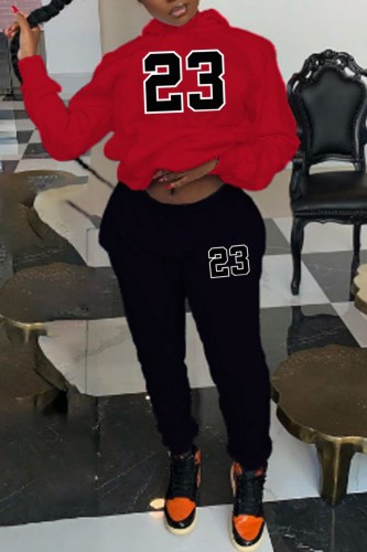 Red Casual Print Basic Hooded Collar Long Sleeve Two Pieces