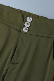 Black Casual Solid Buttons Regular High Waist Conventional Solid Color Trousers