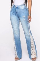 Baby Blue Casual Patchwork Ripped High Waist Regular Denim Jeans