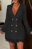 Black Casual Solid Patchwork Turn-back Collar Long Sleeve Dresses