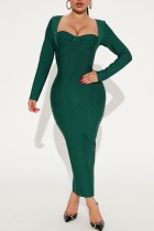 Ink Green Casual Solid Patchwork Square Collar Long Sleeve Dresses
