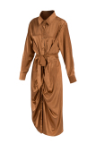Rose Gold Fashion Casual Solid With Belt Turndown Collar Long Sleeve Plus Size Dresses