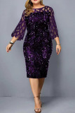 Burgundy Elegant Solid Sequins Patchwork O Neck Straight Plus Size Dresses