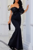 Black Sexy Formal Solid Patchwork Backless With Bow Strapless Evening Dress Dresses