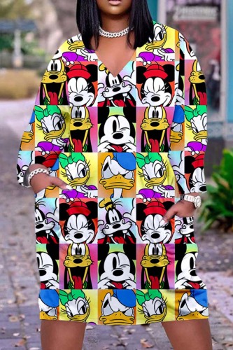 Multi-color Casual Cartoon Print Basic V Neck Long Sleeve Dresses