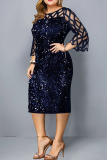 Blue Black Elegant Solid Sequins Patchwork O Neck Straight Plus Size Dresses
