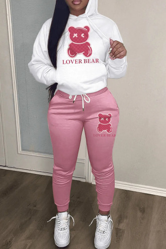 Pink Casual Print Patchwork Hooded Collar Long Sleeve Two Pieces