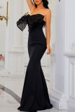 Black Sexy Formal Solid Patchwork Backless With Bow Strapless Evening Dress Dresses