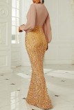 Yellow Sexy Formal Patchwork Sequins V Neck Long Sleeve Dresses
