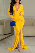 Yellow Sexy Solid Patchwork Slit Fold V Neck Long Dress Dresses