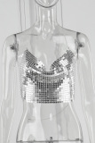 Silver Sexy Patchwork Backless Halter Tops