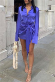 Blue Sexy Casual Solid Patchwork Turndown Collar Long Sleeve Dresses