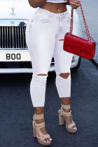 White Casual Street Solid Bandage Patchwork High Waist Skinny Denim Jeans