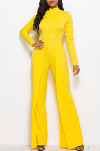 Yellow Fashion Casual Solid Basic Regular Jumpsuits