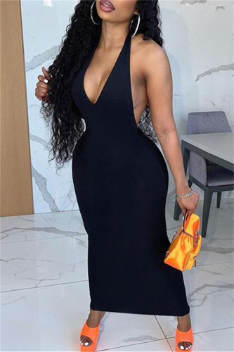 Black Fashion Sexy Solid Backless Halter Sleeveless Dress