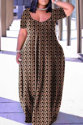 Black khaki Casual Print Basic V Neck Short Sleeve Dress Plus Size Dresses