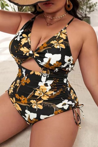 Black khaki Sexy Print Hollowed Out Patchwork Backless Cross Straps V Neck Plus Size Swimwear (With Paddings)