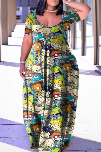 Colour Casual Print Basic V Neck Short Sleeve Dress Plus Size Dresses