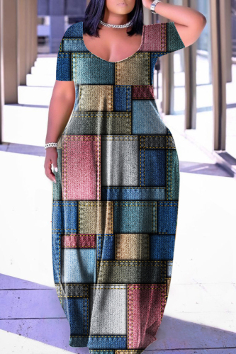 Multicolor Casual Print Basic V Neck Short Sleeve Dress Plus Size Dresses